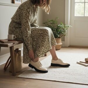 Anthropologie Maeve Rhys Lace Up Square Toe Loafers Shoes 36 US 6 Flatform Cream